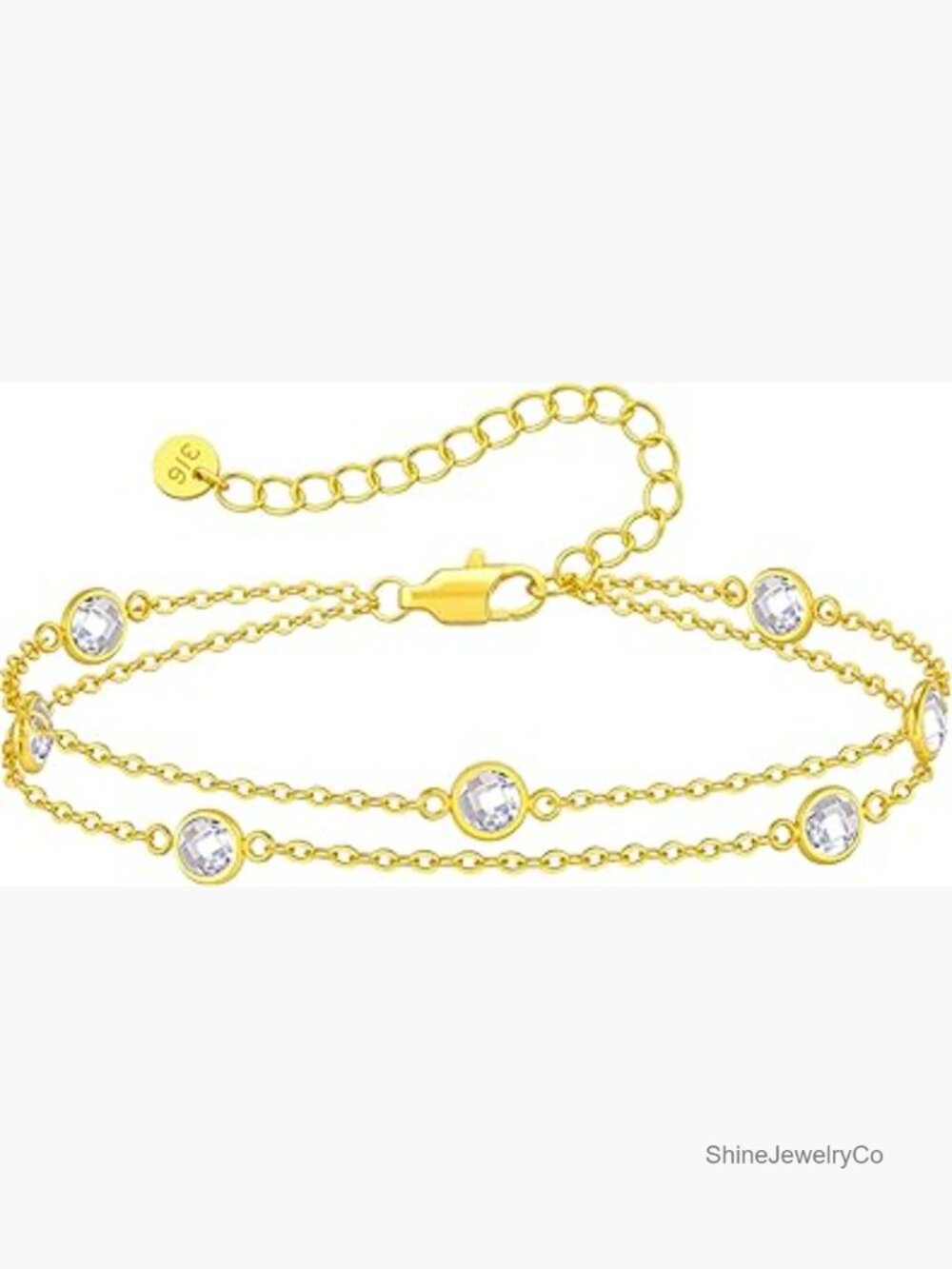 Birthstone Charm Link Bracelet 18K Gold Stainless Steel Double Layer for Women